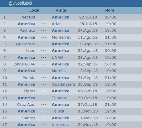 Calendario del America del apertura 2018 del futbol mexicano