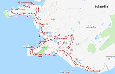 Mapa del recorrido de nuestro viaje a Islandia