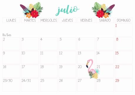 Imprimible: Calendario Julio 2018