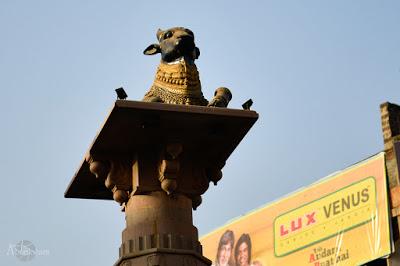 Nandi es el Toro vehículo y acompañante de Shiva. Escultura en una de las intersecciones de las calles de Benarés. Viaje_India_Benares