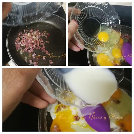 Revuelto de jamón sobre cama de vainas de guisantes Revuelto de jamón sobre cama de vainas de guisantes
