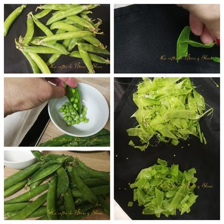 Revuelto de jamón sobre cama de vainas de guisantes Revuelto de jamón sobre cama de vainas de guisantes