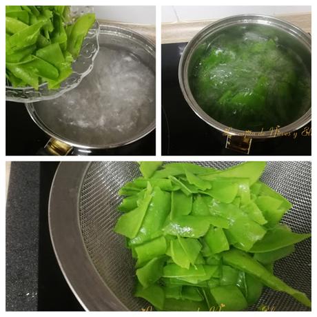 Revuelto de jamón sobre cama de vainas de guisantes Revuelto de jamón sobre cama de vainas de guisantes