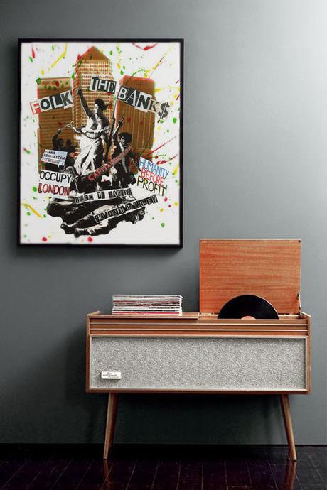 Ideas para decorar con cuadros estilo Pop Art ilustración Jamie Reid, mueble tocadiscos estilo retro