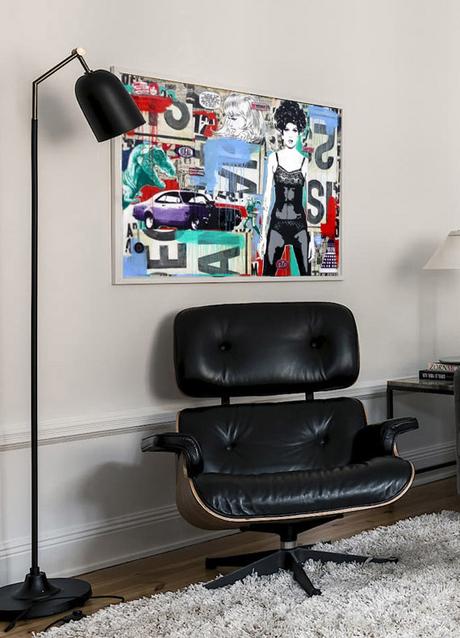 Ideas para decorar con cuadros estilo Pop Art rincón de lectura, butaca de cuero, l-ampara flexo, cuadro estilo pop art