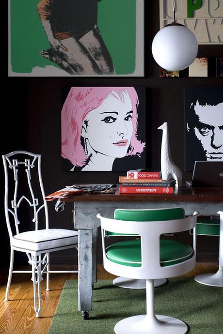 Ideas para decorar con cuadros estilo Pop Art mezcla de sillas estilos años 80 y 70 estilo pop art