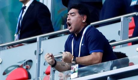 Soccer Football - World Cup - Round of 16 - France vs Argentina - Kazan Arena, Kazan, Russia - June 30, 2018  Former Argentina player Diego Maradona celebrates in the stand after Gabriel Mercado (not pictured) scored their second goal   REUTERS/Michael Dalder