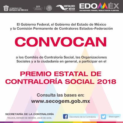 CONVOCA GOBIERNO DEL EDOMÉX A PARTICIPAR EN EL 10° PREMIO ESTATAL DE CONTRALORÍA SOCIAL 2018 CONVOCA GOBIERNO DEL EDOMÉX A PARTICIPAR EN EL 10° PREMIO ESTATAL DE CONTRALORÍA SOCIAL 2018