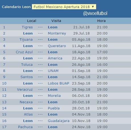 Calendario del León torneo apertura 2018 del futbol mexicano