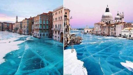 Los canales de Venecia congelados, vénetos y turistas sorprendidos por el fenómeno.