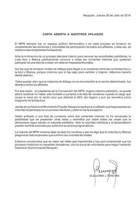 Carta Abierta de Guillermo Pereyra a los afiliados del MPN: