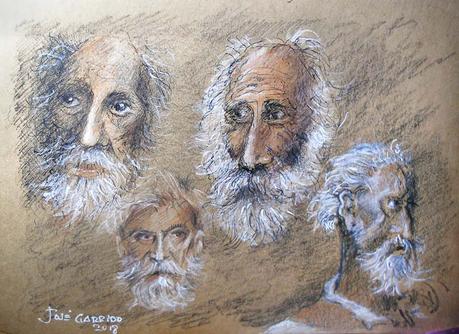 Dibujos en papeles tintados. Árboles, flores y barbas.