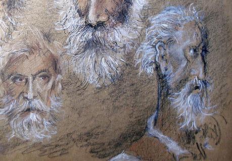 Dibujos en papeles tintados. Árboles, flores y barbas.