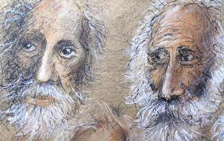 Dibujos en papeles tintados. Árboles, flores y barbas.