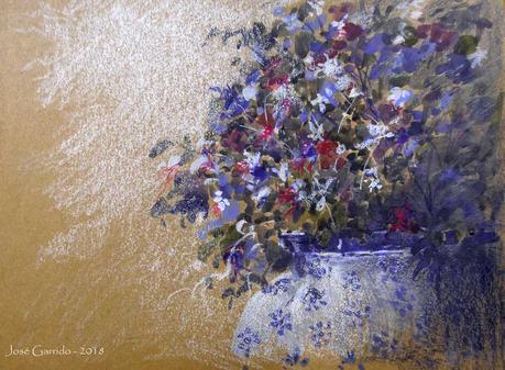 Dibujos en papeles tintados. Árboles, flores y barbas.