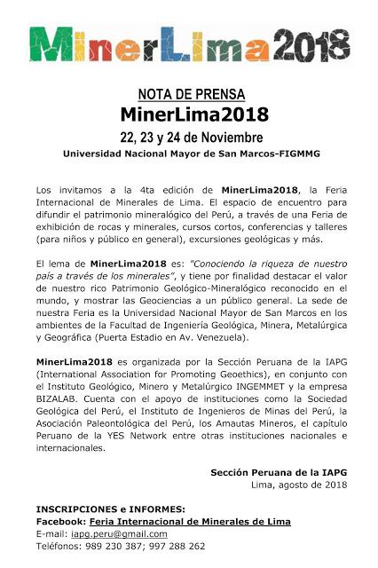 4ta FERIA DE MINERALES MINERLIMA2018 EN UNIVERSIDAD SAN MARCOS (Del 22 al 24 Noviembre)