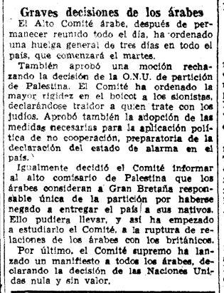 Diciembre de 1947: los dirigentes árabes rechazan cumplir las resoluciones de la ONU y optan por la violencia.