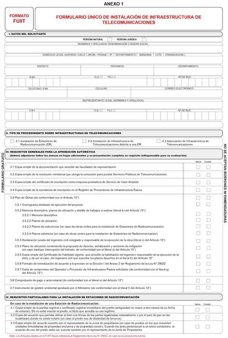 FORMULARIO ÚNICO DE INSTALACIÓN DE INFRAESTRUCTURA DE TELECOMUNICACIONES