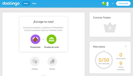Imagen de la home de Duolingo, página para aprender inglés