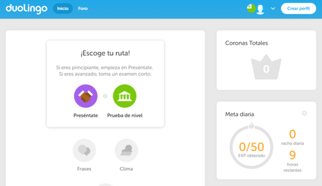 Las mejores aplicaciones y podcasts para aprender inglés en verano Imagen de la home de Duolingo, página para aprender inglés