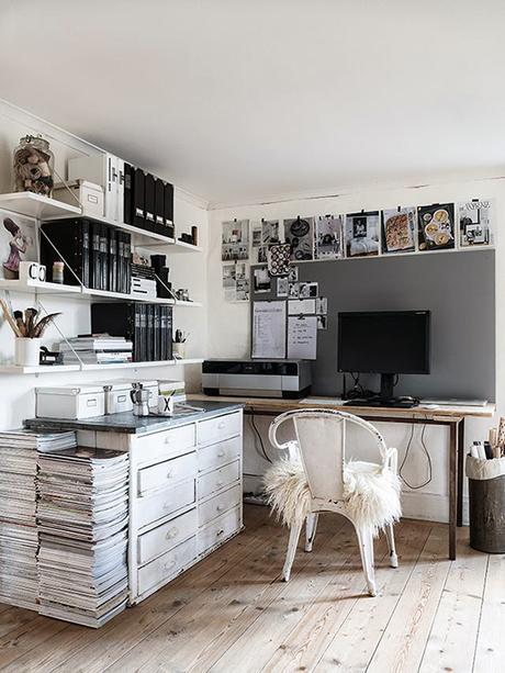 scandinavian and vintage style black and white work space