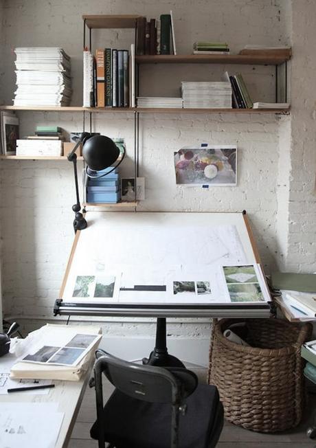 work space, white painted brick wall