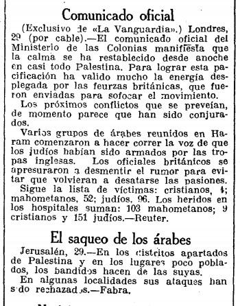 La limpieza étnica de judíos en Hebron, en la prensa de la época. La limpieza étnica de judíos en Hebron, en la prensa de la época.