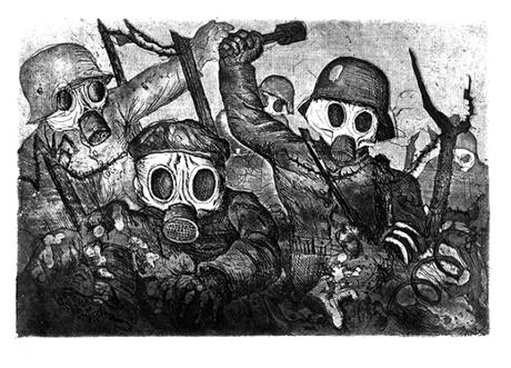 Otto Dix soldados atacando con granadas y máscaras de gas