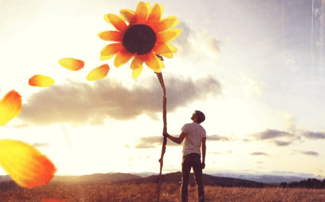 hombre sujetando girasol simbolizando el principio de Pollyanna