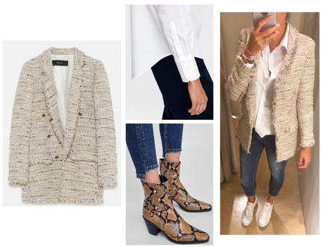 outfit zara nueva temporada otoño tejanos skinny bajo desigual camisa blanca y chaqueta blazer larga estructura