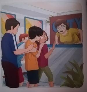 Imagen en el que se ven a Raúl, Sonia, Txano y Óscar asustados por una mujer de información que les mira de mal humor.