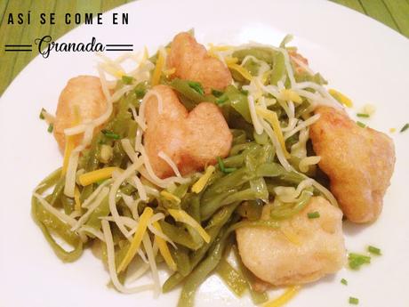 Tallarines de judias verdes con buñuelos de langostinos