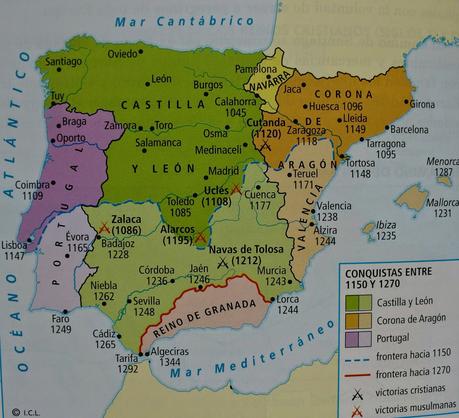 EJEMPLO DE COMENTARIO DE UN MAPA HISTÓRICO CORREGIDO, EL AVANCE DE LA RECONQUISTA EN LA PENÍNSULA IBÉRICA DURANTE LOS SIGLOS XII Y XIII, HISTORIA DE ESPAÑA 2º BACHILLERATO