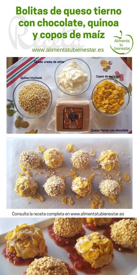 Bolitas de queso tierno con chocolate, quinoa y copos de maíz