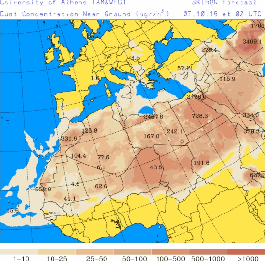 España: pronóstico de polvo mineral para 7-octubre-2018