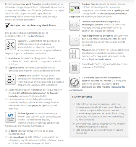 características tecnicas memory vex foam komfortland
