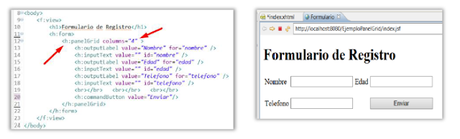 Como usar h:panelGrid en JSF