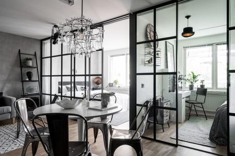sillas de metal sillas de diseño pared de cristal estilo nórdico industrial estilo escandinavo negro gris decoración industrial cocina abierta   