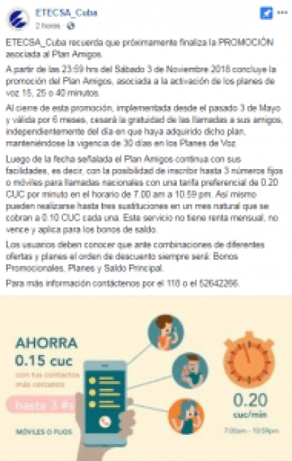 Última Hora: ETECSA informa que finalizará el plan amigo el 3 de noviembre