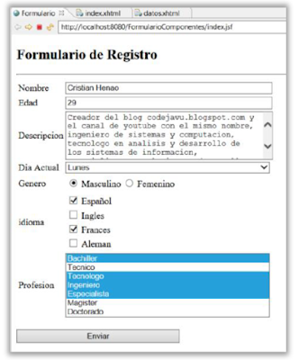 Ejemplo Formulario de componentes con JSF