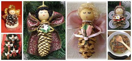 Angelitos para colgar en el árbol de navidad usando piñas de pino
