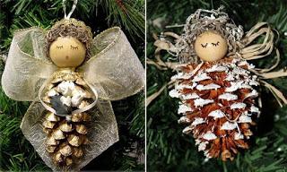 Angelitos para colgar en el árbol de navidad usando piñas de pino