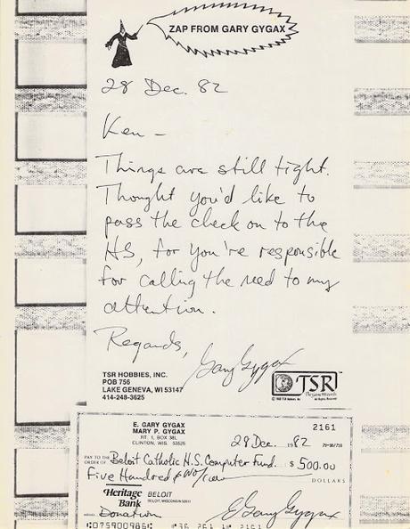 Un donativo de TSR Inc al instituto de Matt Forbeck (1982) Un donativo de TSR Inc al instituto de Matt Forbeck (1982)