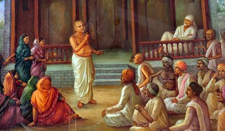 Enseñanza de la unidad: una pintura que muestra a Sai Baba y un seguidor cercano, el poeta Das Ganu, hablando con devotos en Shirdi |  Janak Bhat