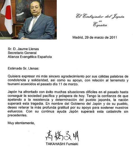 El embajador del Japón agradece a la Alianza Evangélica su apoyo