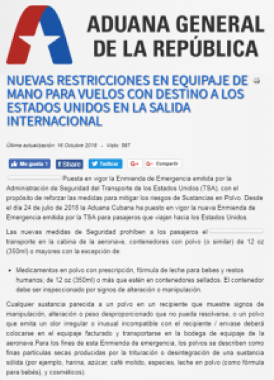 ADUANA de Cuba anuncia nuevas restricciones acerca del equipaje de mano
