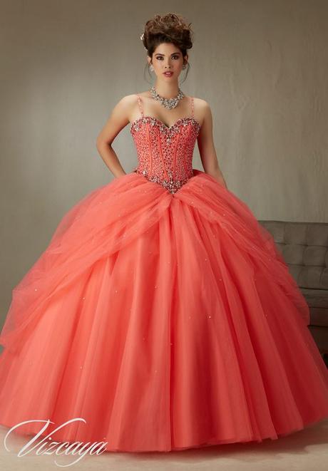 Quinceanera Dress Vizcaya Morilee 89071 Beaded, boned corset bodice on a tulle ball gown *removable beaded spaghetti straps* Colors: Coral, Scarlet, Capri and white