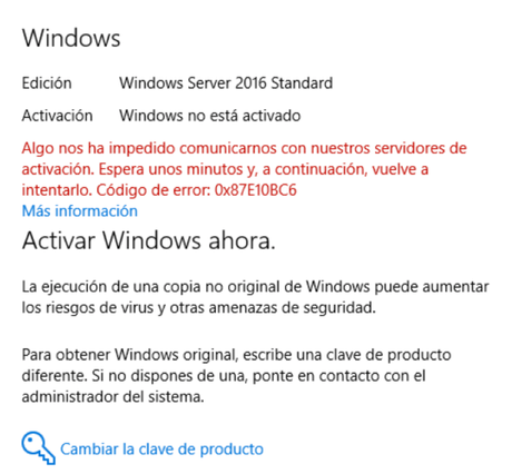 Problemas activando un Windows server 2016