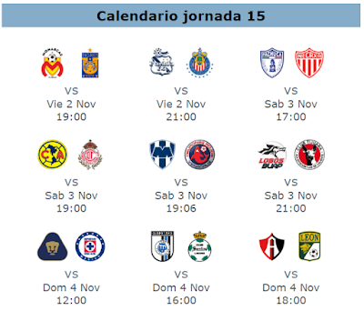 Fechas y horarios para la jornada 15 del futbol mexicano