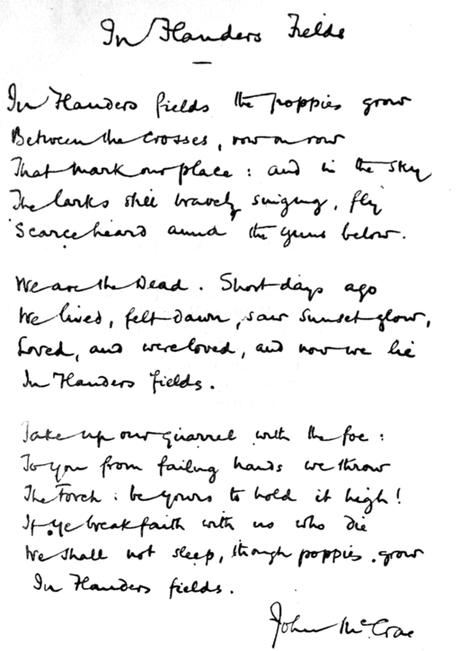 In Flanders fields and other poems, handwritten